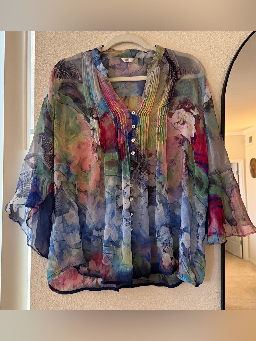 Vintage Casual Studio Sheer Watercolor Pintuck Boho Fairy Blouse Top XL